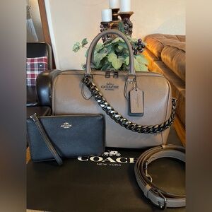 Coach Large Rowan Satchel in Dk Stone & Large Black Wristlet